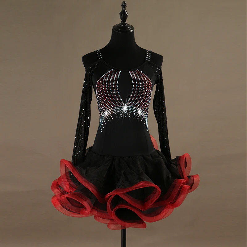 

Custom Made Long Sleeve Latin Dance Dress Women Rumba Chacha Skirt Ballroom Competition Costume Kids Dresses For Girls Black Red