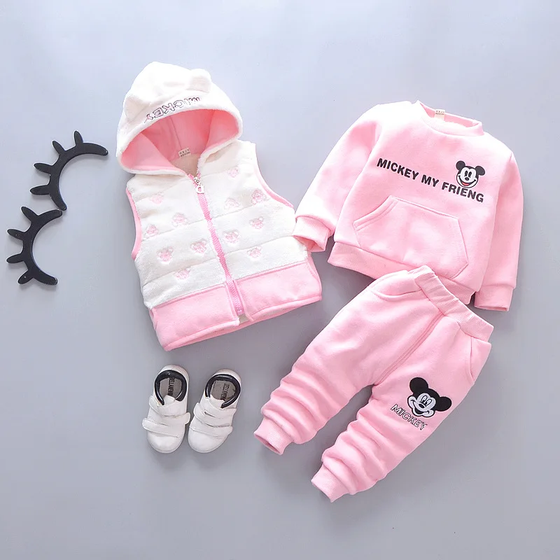 

Cute Korean-style Childrenswear 2018 Winter New Style CHILDREN'S Embroidery Mickey Brushed And Thick Three-piece Set