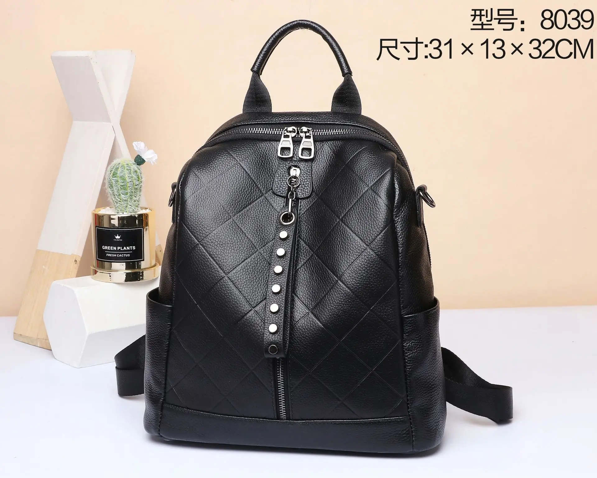 

WOMEN'S Leather Bags First Layer Leather Backpack Lozenge Schoolbag Large Capacity Backpack Bag Women's