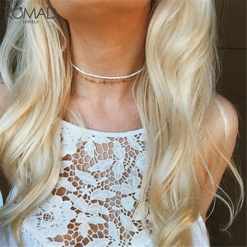 ROMAD Boho White Beaded Necklace Women Glass Necklace Beads Choker Bohemian Jewelry Gifts collares Collier Femme R50