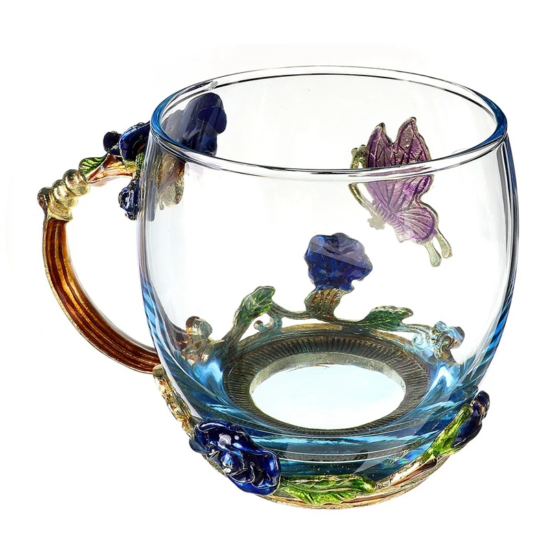 2 Set Beauty and Novelty Enamel Coffee Cup Mug Flower Tea Glass Cups for Hot and Cold Drinks Tea Cup Spoon Set, Perfect High Typ