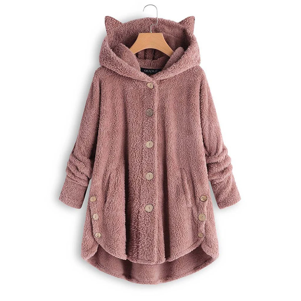 Best Solid Color Buttons Loose Long Coat Soft Cute Cat Ears Hooded Outwear Scope of Application Work Par