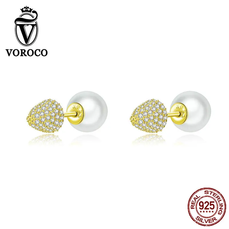 VOROCO Real 925 Sterling Silver Stud Earrings Golden Shell Pearl Elegant Earrings Original Design Fine Jewelry for Women BNE286