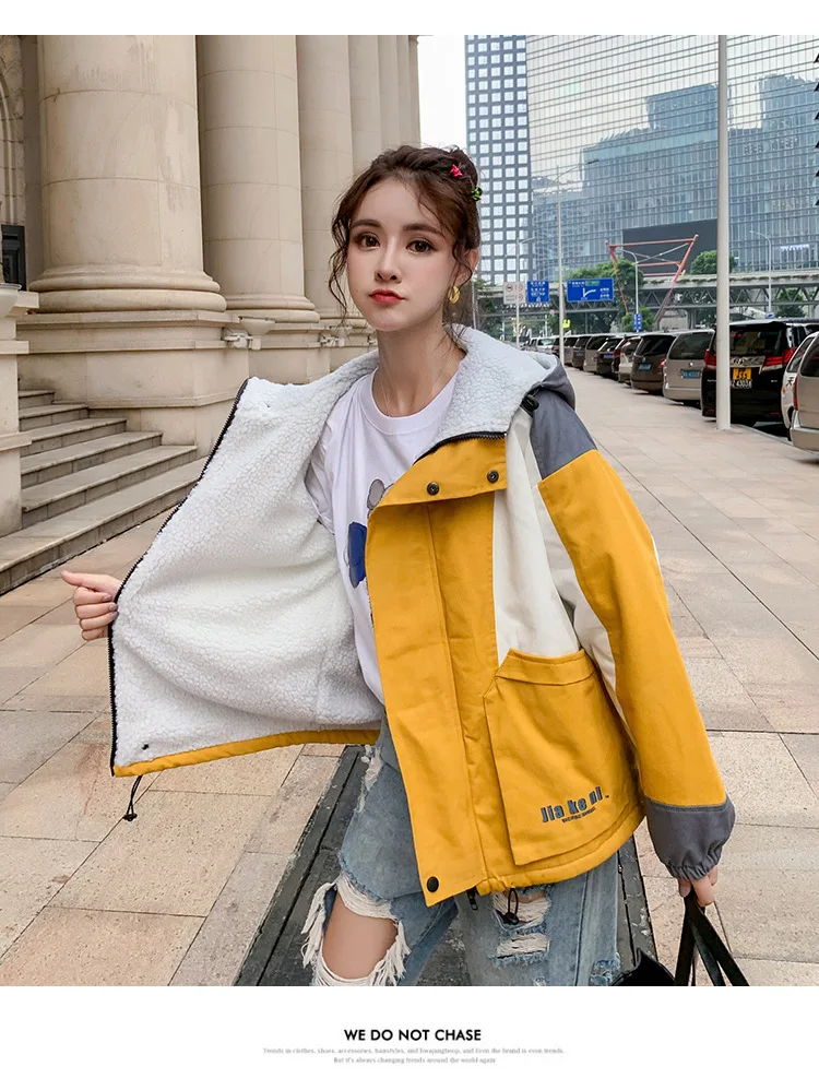 Зима, стиль, корейский стиль, Harajuku стиль, свободный крой, для студентов, толстая, плюс бархат, рабочая одежда, овечья шерсть, хлопок, пальто для женщин