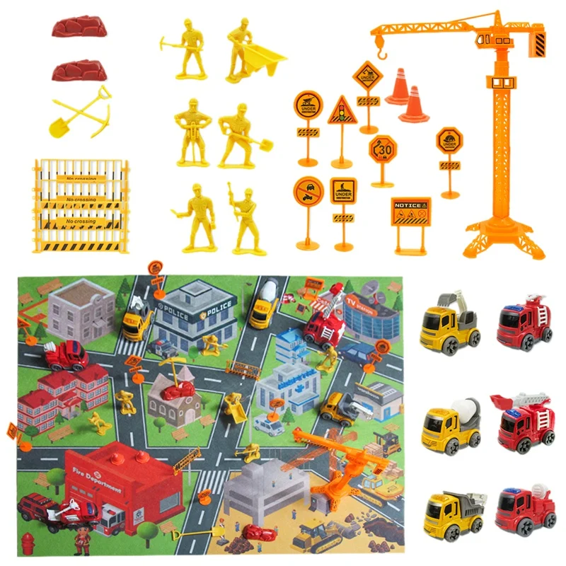 

31PCS Inertia Engineering Vehicle Fire Truck with Children's Game Mat Road Sign Hanging Tower Accessories Set Children's Toys