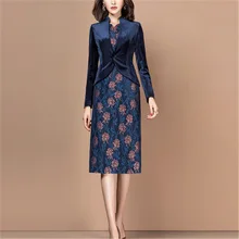 Осенне-зимнее платье, костюмы для женщин, офисный Женский бархатный блейзер, куртка с цветочным принтом, платье-карандаш длиной до колена, комплект из двух предметов, рабочая одежда