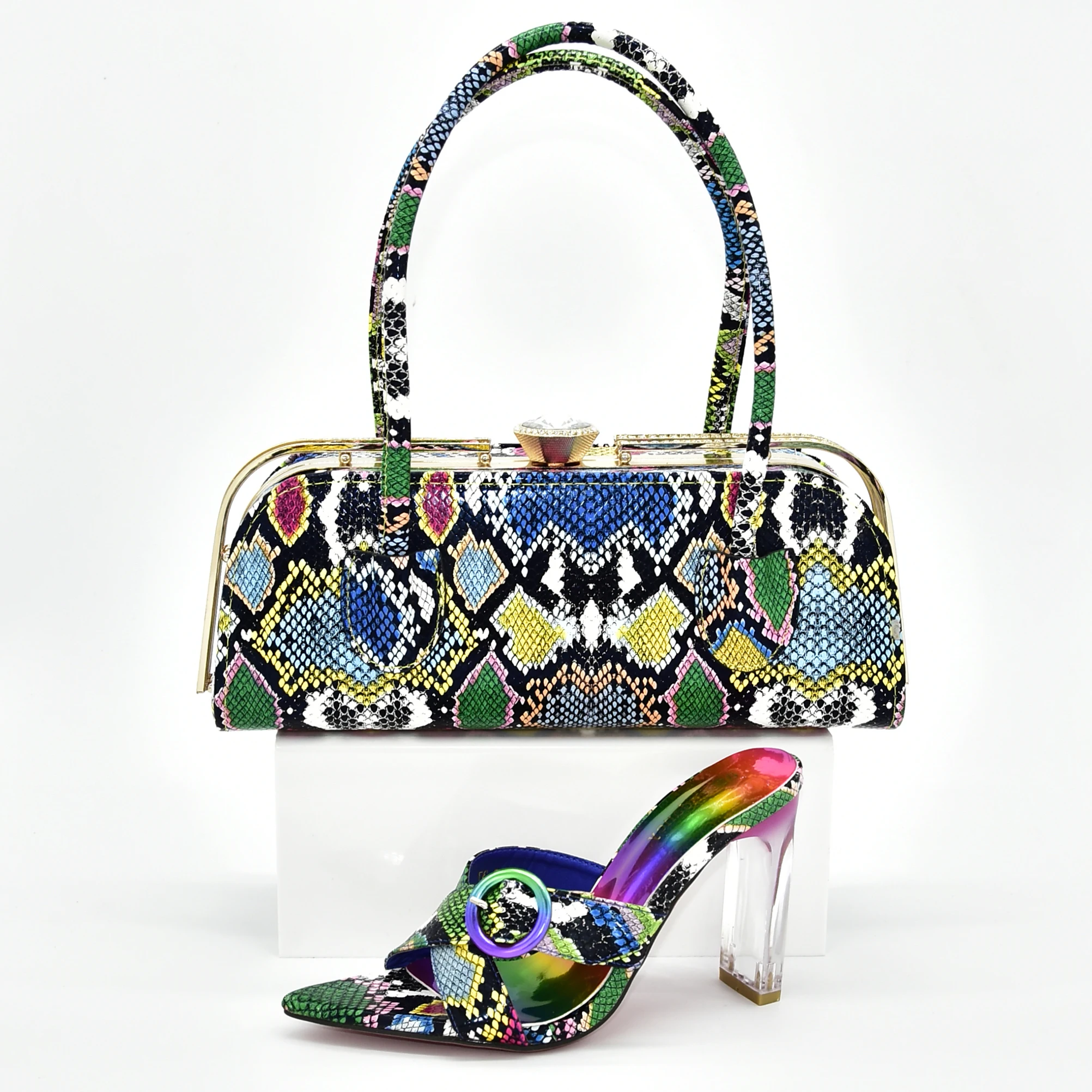 

Green multi color fashion shoes matching bag set with size 37 to 42 fashion lady slippers and clutches bag set SB8426-4