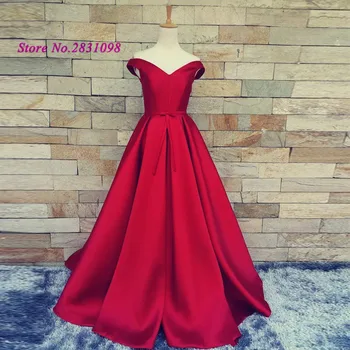 

Elegant Red Long Prom Dresses Plus Size off Shoulder Satin Cheap Formal Evening Gowns Party Dress Bow Vestido de Formatura Women