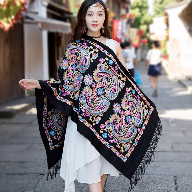  HanXi Ethnic Women Scarf Faux Cashmere Tassel Blankets Shawl Retro Embroidery Handkerchief Winter P