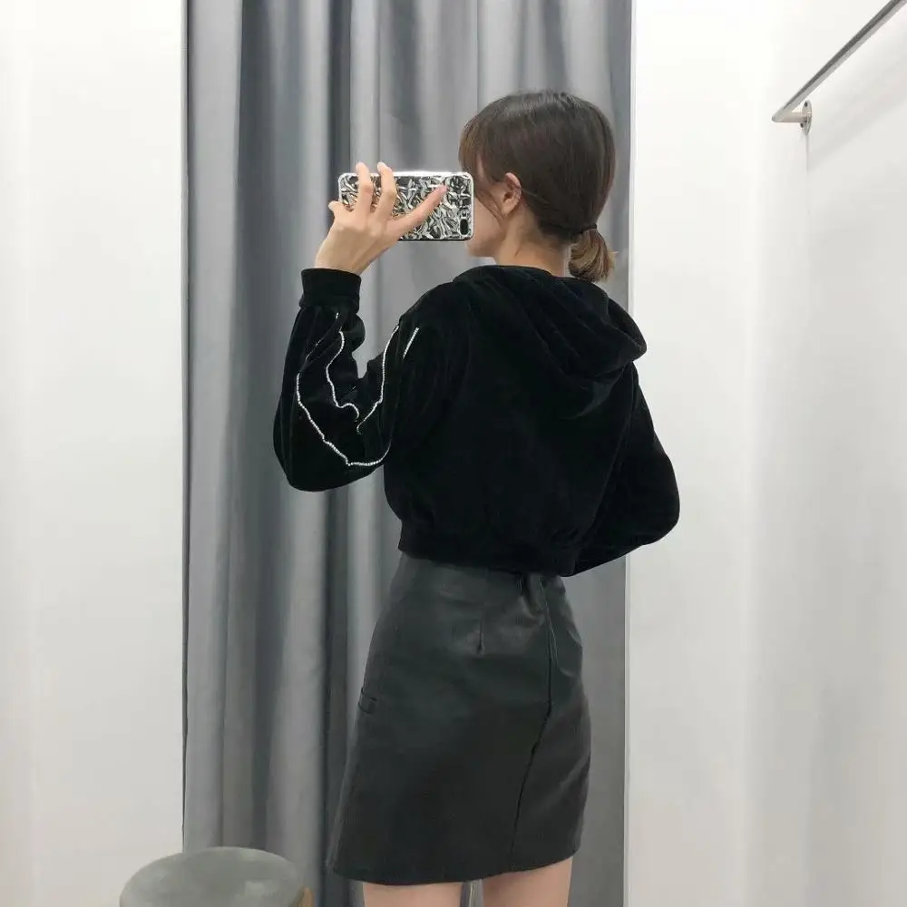 Женская спортивная Вельветовая рубашка с капюшоном, модные женские черные стразы, короткие толстовки, женские повседневные стильные топы, толстовки