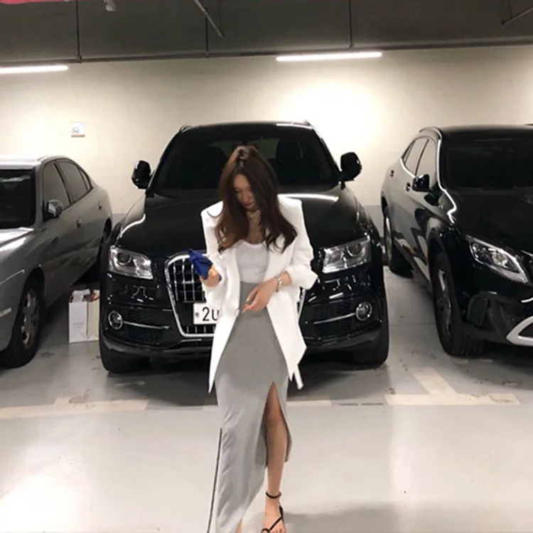 

Summer South Korea Dongdaemun High-waisted Front High Slit Skirt Cotton Solid Color Slim Fit Gas Long Skirts