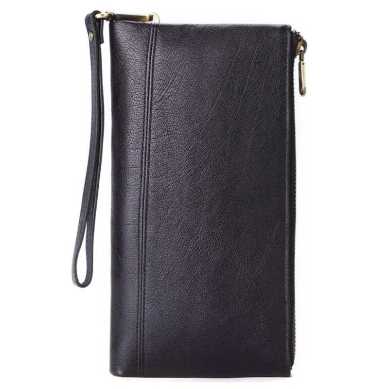 Western Genuine Leather Double Zipper Long Men Wallet Vintage Cow Leather Phone Place Men Puese