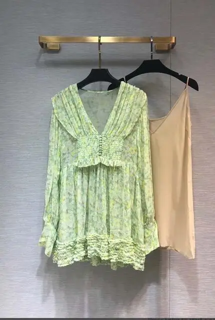 

MINT GREEN FLORAL PRINT Short SILK DRESS V-NECK LONG SLEEVES BUTTONED CUFFS