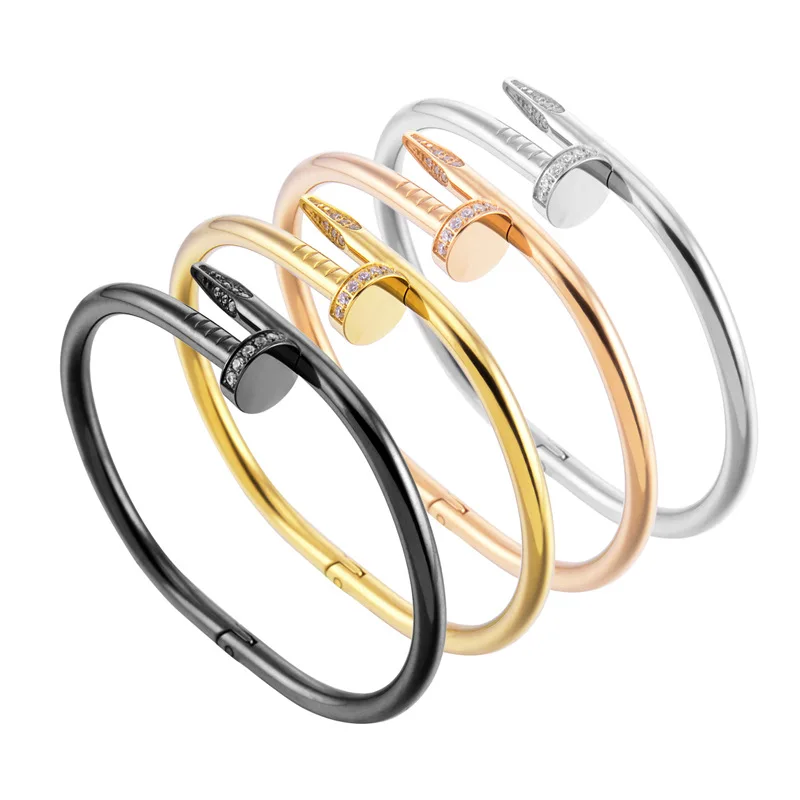 

trend couple titanium steel nail bracelet opening bangles with zircon male female Fashion bangle wholesale Christmas gifts