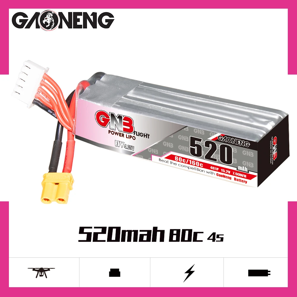 Аккумулятор Gaoneng GNB 520 мА · ч 4S в 80C/160C HV Lipo с разъемом XT30 для квадрокоптера Betafpv Beta85X