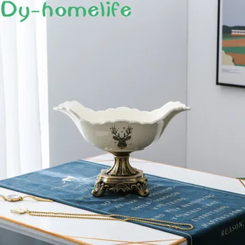 

32*29.5cm Nordic creative oval gold elk ice crack ceramic fruit plate home decoration storage crafts ornaments dried fruit plate