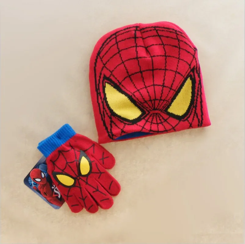 Spiderman Осенне-зимняя шапка Девочки Мальчики Набор мультфильм Человек-паук и Миньоны теплая кепка вязаная шапка перчатки детская шапка наборы фотографии реквизит - Цвет: Spiderman