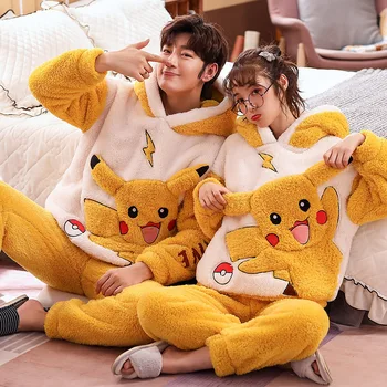 

Winter Couple Pajamas Women Men Thicken Cartoon Pyjamas Women Hooded Sleepwear Coral Fleece Pijama Soft Homewear Pajama Set 4XL