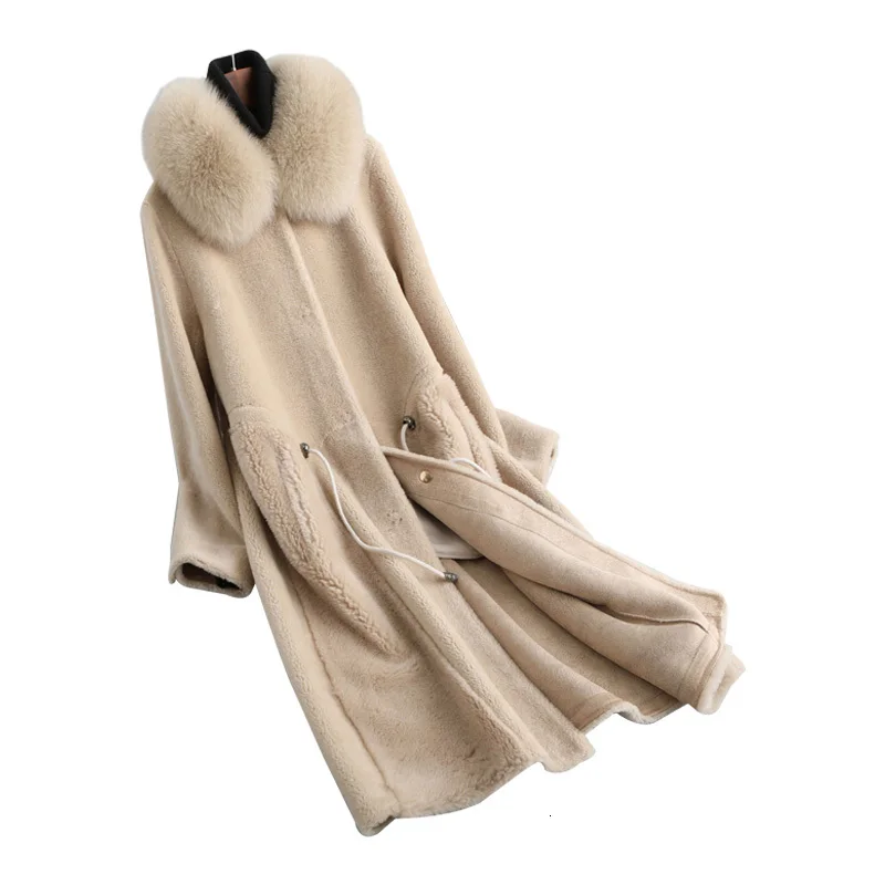 Зимнее женское пальто, шерстяная куртка, пальто из натурального меха, одежда, Воротник из лисьего меха, длинное шерстяное меховое пальто и куртки KQN19029 KJ3147