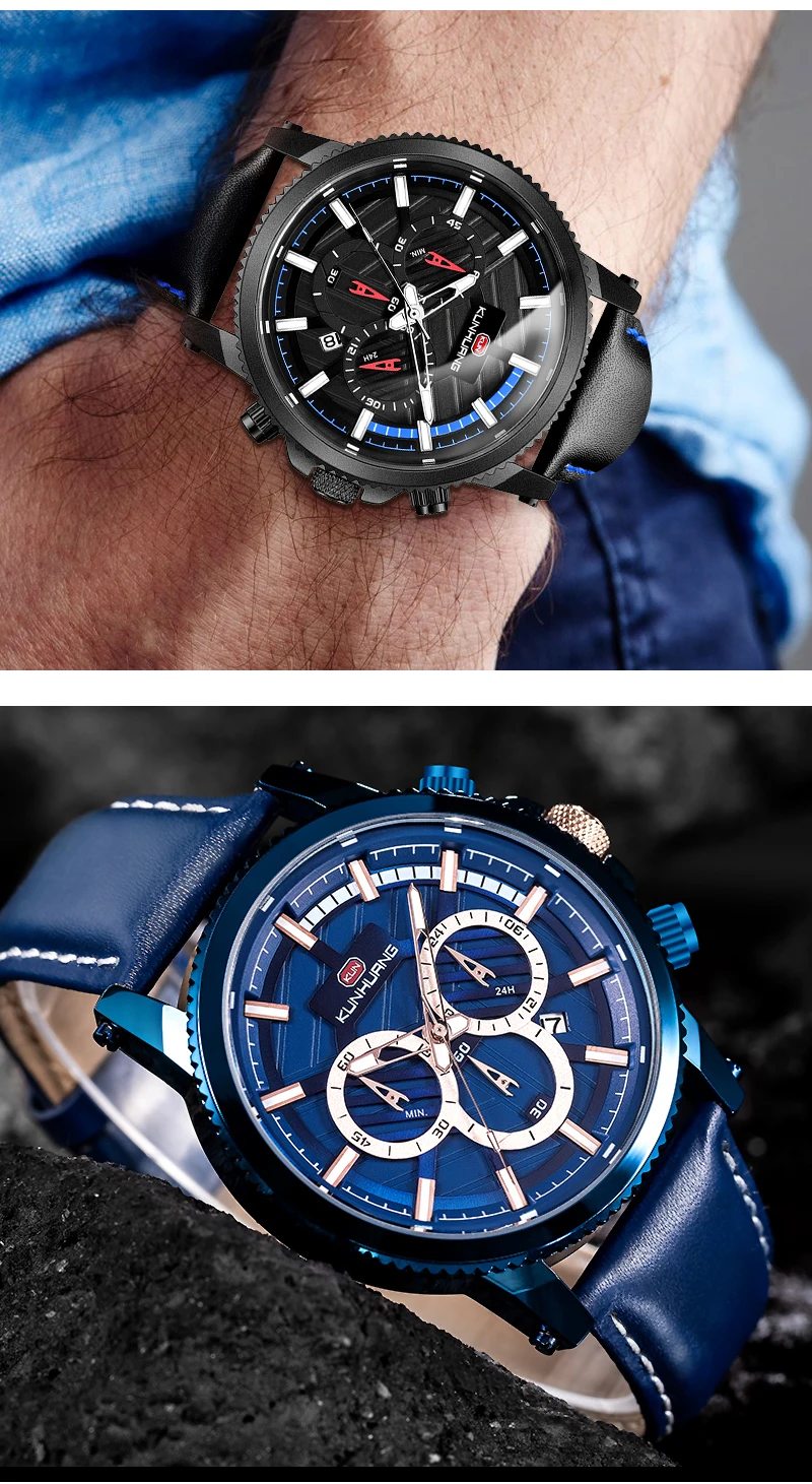 Новые синие Kun Huang Золотые спортивные часы мужские роскошные стильные часы из сплава часы Хронограф военные кварцевые часы в подарок коробка