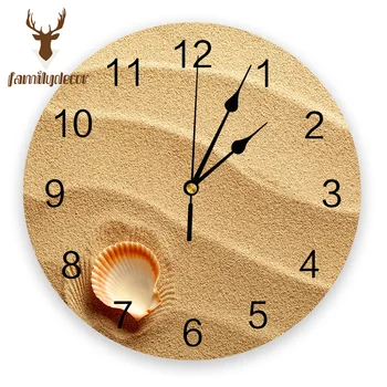 

Small Seashell On Golden Sand Printed PVC Wall Clock Modern Design Home Decor Bedroom Silent Oclock Watch Wall For Living Room