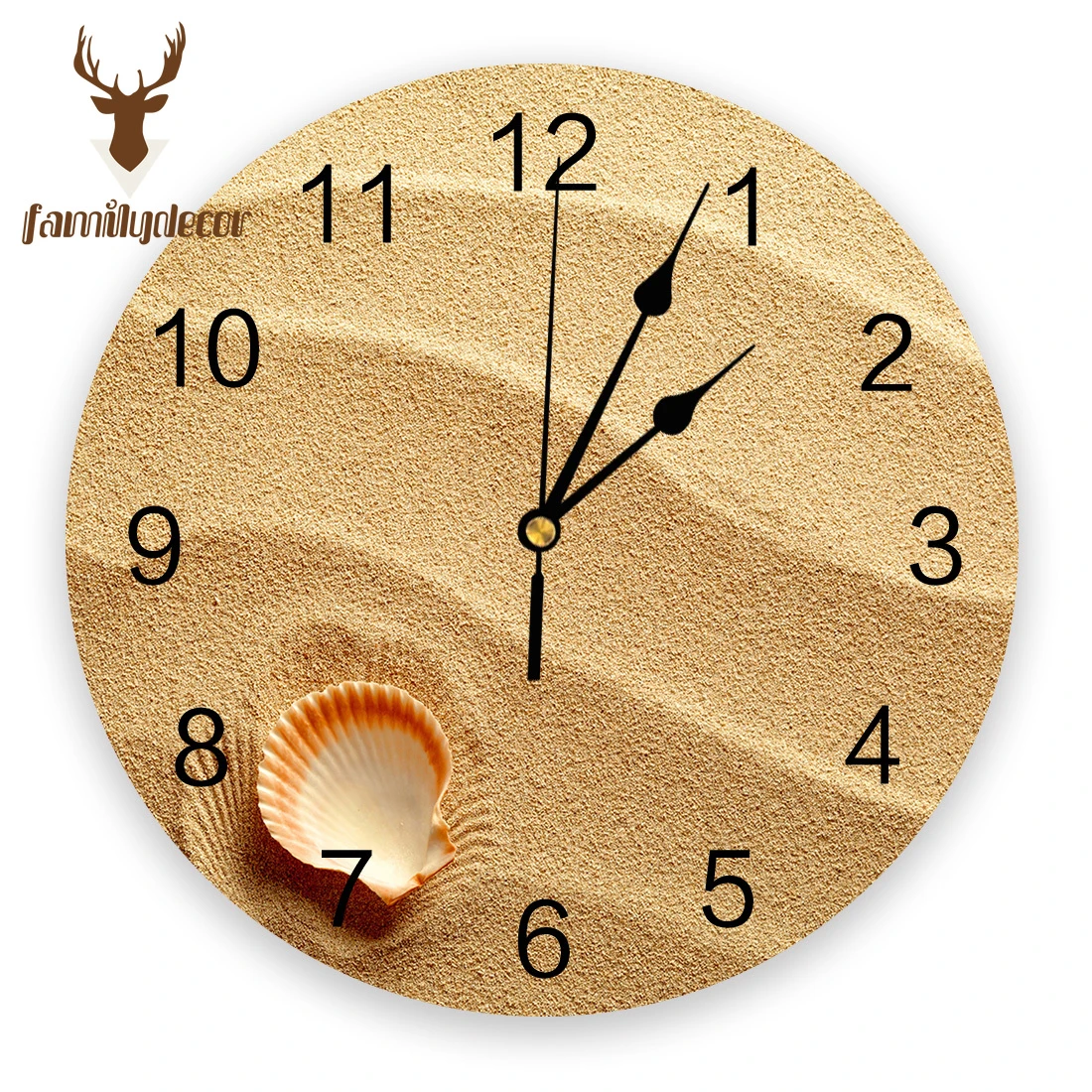 Small Seashell On Golden Sand Printed Pvc Wall Clock Modern Design
