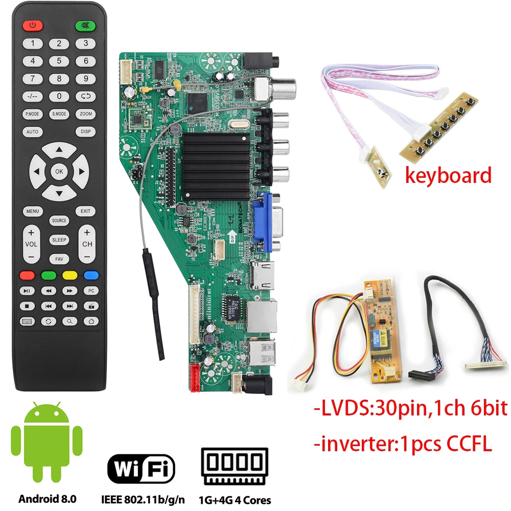 

MSD358V5.0 smart TV driver board for Android 1G+4G Wireless Network WI-FI LCD motherboard lvds RJ45/HDMI/ VGA/AV/TV/USB 1366x768