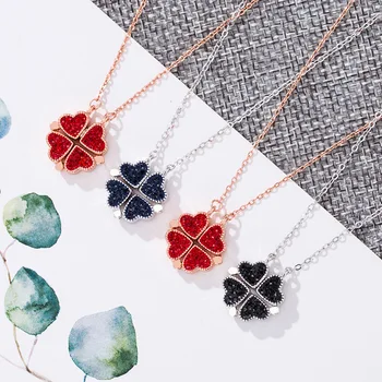 

Fashion S925 Pure Silver Two-sided Deformation Red Blue Love Heart-shaped Necklace Inlay Drill Lover Party Gift Jewelry Chain