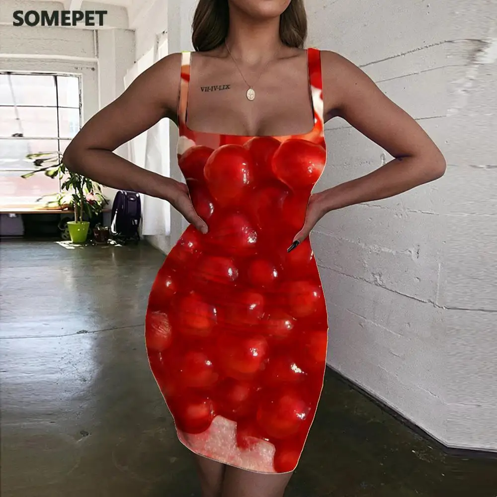 

SOMEPET Fruit Dresses Women Food Bodycon Dress Cool Halter Sleeveless Novel Sundress Womens Clothing Plus Size New Korean Style