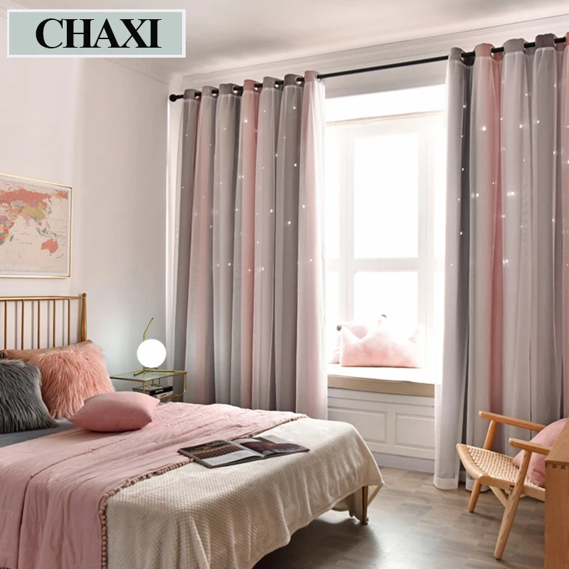 

CHAXI Korean Girly Style Color Double Layer Stars Blackout Room Darkening Curtains Window Panel for Living Room Bedroom