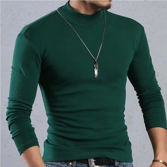 deep green Мужская футболка, футболка с длинным рукавом, футболка с высоким воротником, хлопковые футболки на зиму и весну, базовая футболка, Мужская одежда, топы, уличная одежда - Цвет: deep green