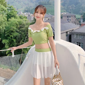 

Swimsuit Women 2019 Swim Suit Swimwear Female Separate Bathing Split Push Up One Word Shoulder Swimsuits With Skirt Hot Print