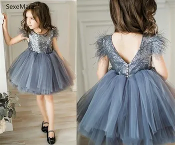 

Grey Tulle Puffy Flower Girls Dresses with Feathers Jewel Neck Sequins Pageant Gowns Princess Dress