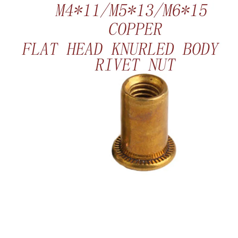5pcs/lot M4*11M5*13M6*15copper flat head knurled body rivet nut insert