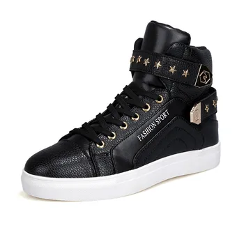 

New Fashion High Top Sports Shoes For Men PU Leather Lace Up Red White Black Color Mens Shoes Men High Top Shoes J1-30