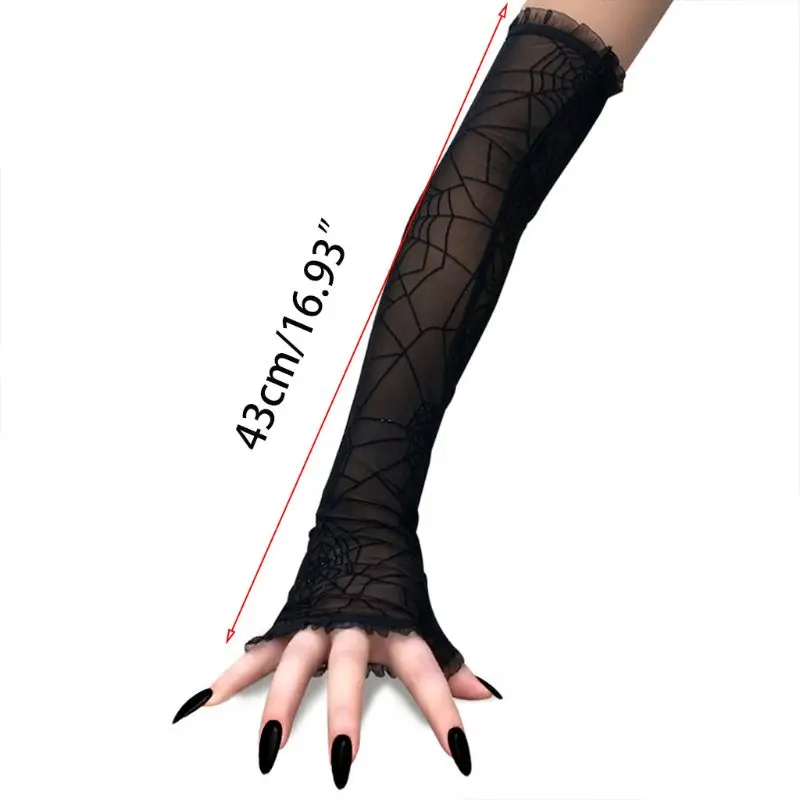 Women Halloween Fingerless Long Gloves Lady Female Stylish Rhinestone Spider Web Cosplay Costume Gloves