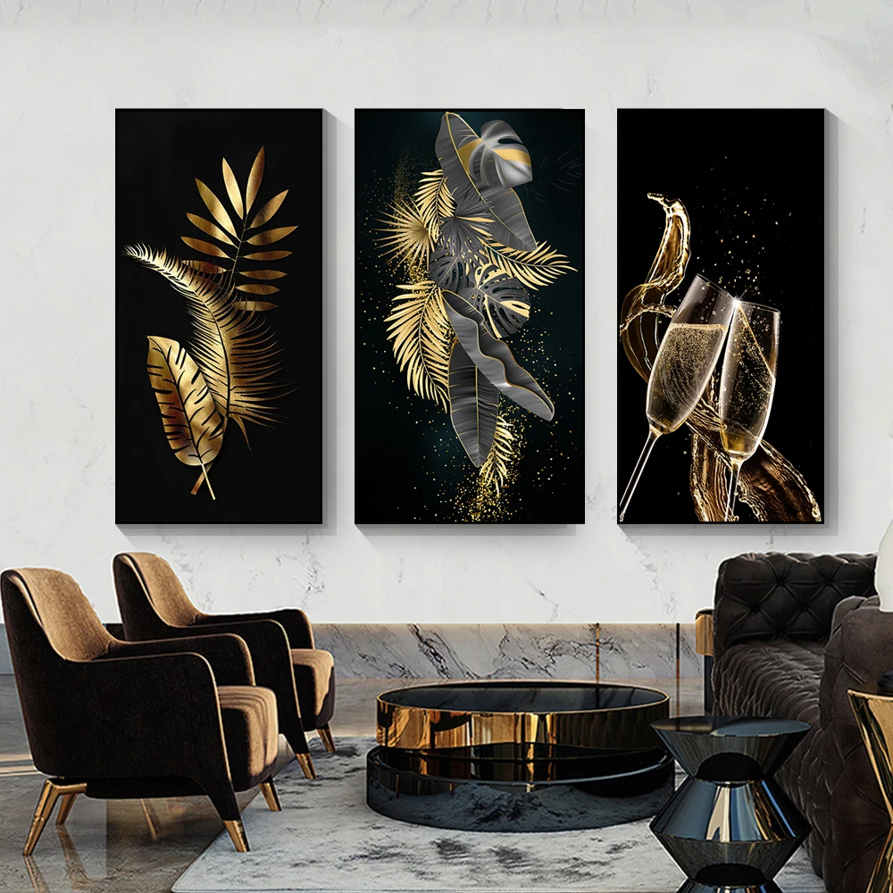 Abstract Golden Leaves and Flower Tree Oil Painting on Canvas Posters and Prints Wall Art Pictures for Living Room Cuadros Decor