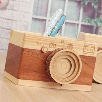 

Creative Retro Camera Wooden Storage Box Double Pen Holder Learning Stationery Large Capacity Storage Box Desk Decoration