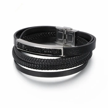 

22.5cm Multi Layered Leather Bracelets For Men Stainless Steel Gold / Crystal Charm Bracelet Vintage Jewelry Gifts