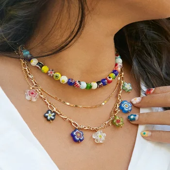 

Europe and the United States cross-border hot Bauble summer beach style colorful beads necklace fresh flower pendant necklace