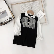 Весенне-осеннее платье для девочек; платье-блузка для малышей; детская брендовая одежда; vestidos; сетчатая нашивка с блестками и звездами; для детей от 1 до 7 лет