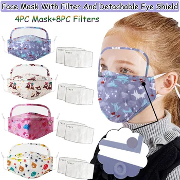 

4PCS Kids Cartoon Reusable Face Mask and Detachable Eyes Shield with 8 Filters Mouth Caps Covers Protective Washable mondmaskers