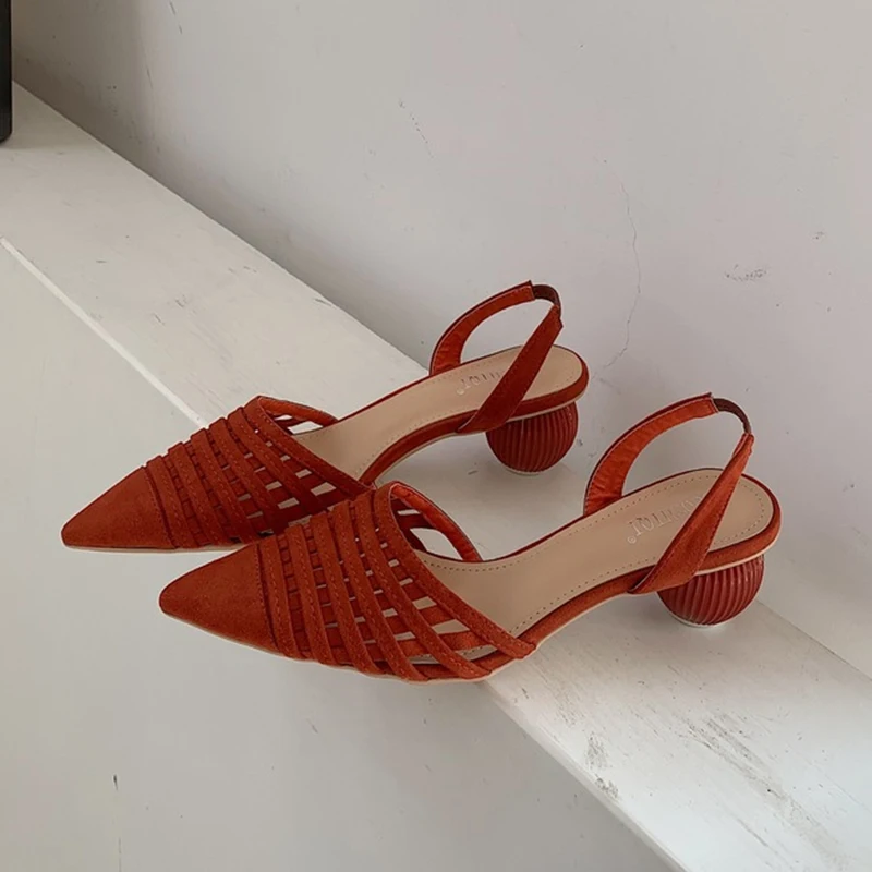 2020 Summer Casual Women Round Low Heels Sandals Closed Pointed Toe Slingback Luxury Designer Black Orange Shoes | Обувь