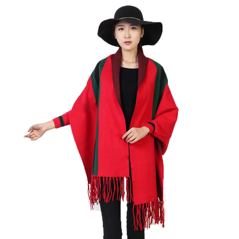 

FOLOBE Autumn Winter Causal Loose Tassel Knitted Cashmere Batwing Fashion Women Duplex Shawl Cardigan Long Thick Poncho Capes