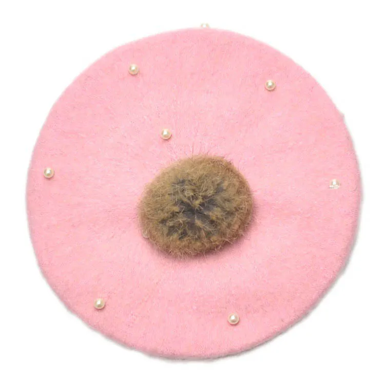 Детский берет с жемчугом и кроличьим мехом, шапка для маленьких девочек, шапочка с помпоном, разные цвета - Цвет: Розовый