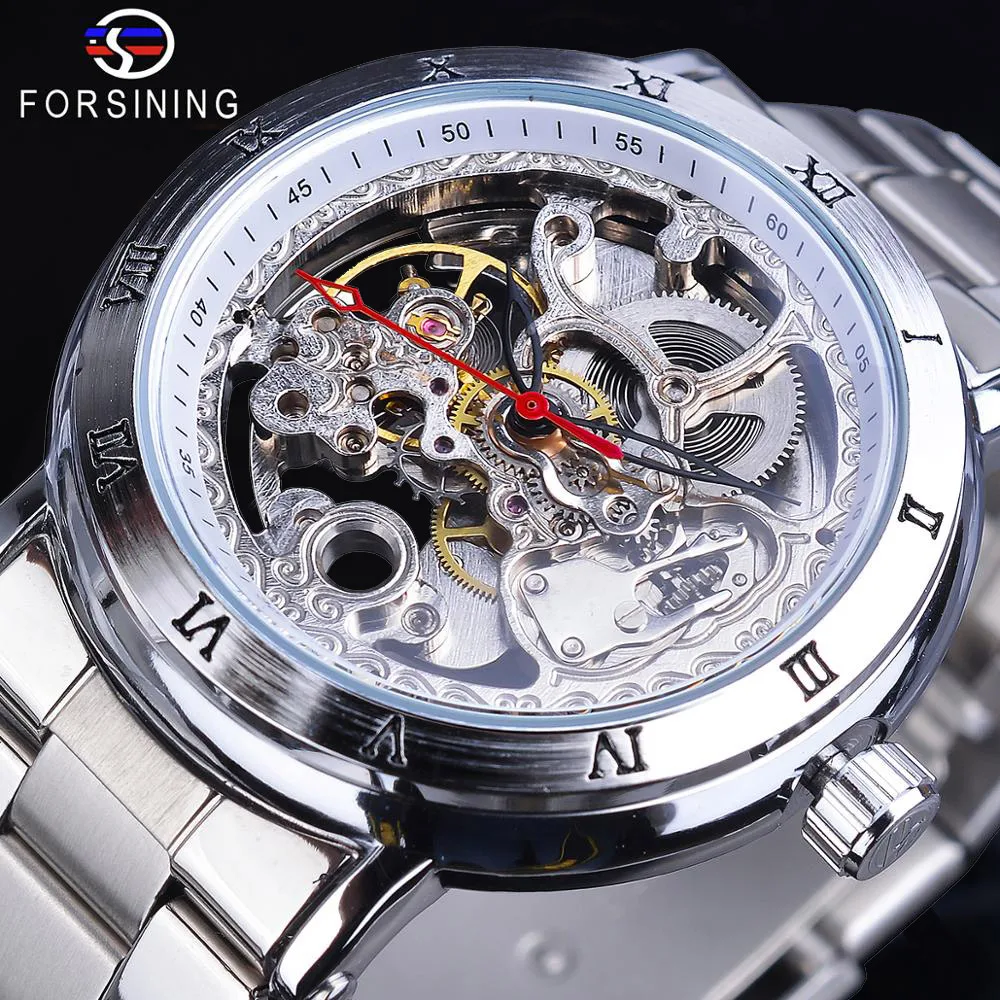 Forsining Men Skeleton Dial Transparent Automatic Watch Roman Numerals Silver Waterproof Stainless Steel Sport Mechanical | Наручные часы