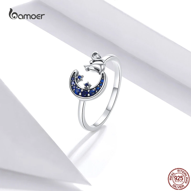 Bamoer Blue Moon Fashion Ring Genuine 925 Sterling Silver Cute Cat Animal Open Adjustable Rings for Women Elegant Party Jewelry silver ring gemstone ring