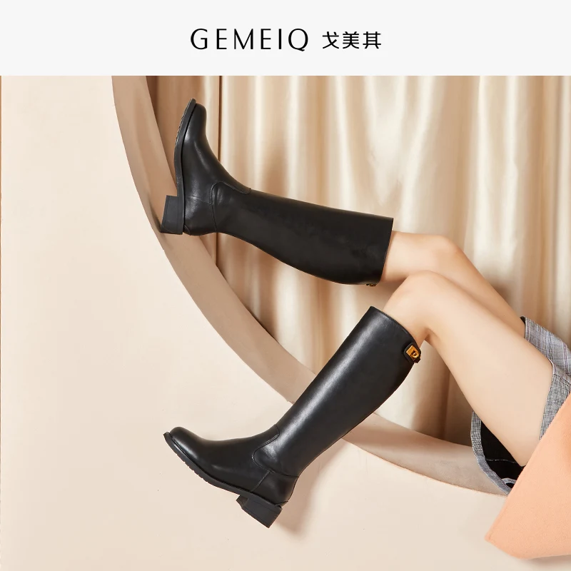 

GEMEIQ 2019 Winter New Product Side Metal Zipper Decoration Warm-up Knight Boots Warm-Heeled Middle Heel Leisure Women's Shoes