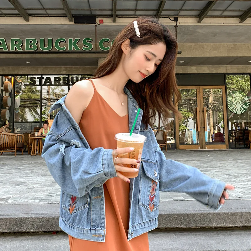

2019 Autumn Korean-style with Holes Casual Hong Kong Flavor Embroidery Jacket BF Slimming Loose-Fit Embroidered Short Jeans Coat