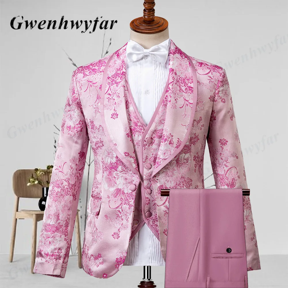 Gwenhwyfar Pink Men Tuxedos Floral 3 Pcs Slim Fit Shawl Lapel with Pipping Shinny Pants Male Party Tuxedos
